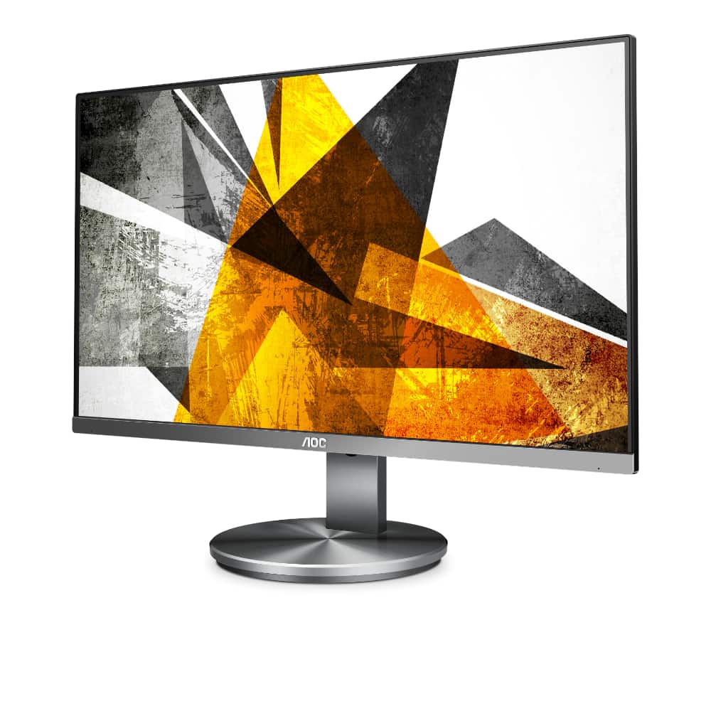 27" AOC I2790VQ. 27″ monitor s IPS panelem, nativní rozlišení 1920 × 1080 – FullHD, podsvícení WLED, jas 250 cd/m2, odezva 4 ms, obnovovací frekvence 60 Hz, integrované reproduktory 2× 2W.