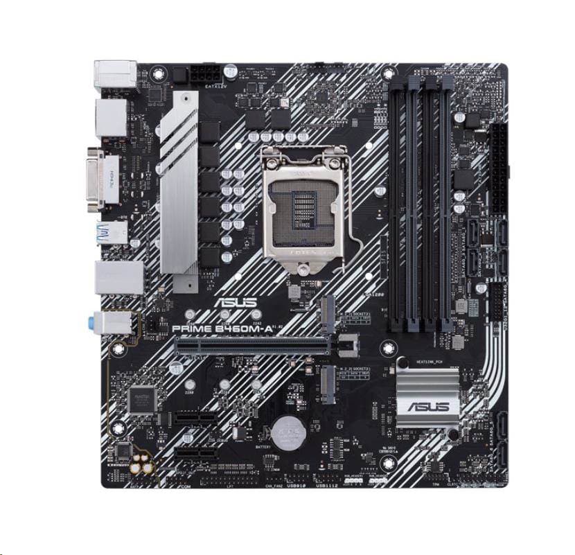 ASUS PRIME B460M-A, Mainboard formátu mATX, chipset Intel B460, pro socket Intel 1200, 1× PCIe x16, 2× PCIe x1, 4× RAM DDR4, 6× SATA III, 2x M.2, Gigabit LAN, HDMI, DVI, DisplayPort, zvuková karta