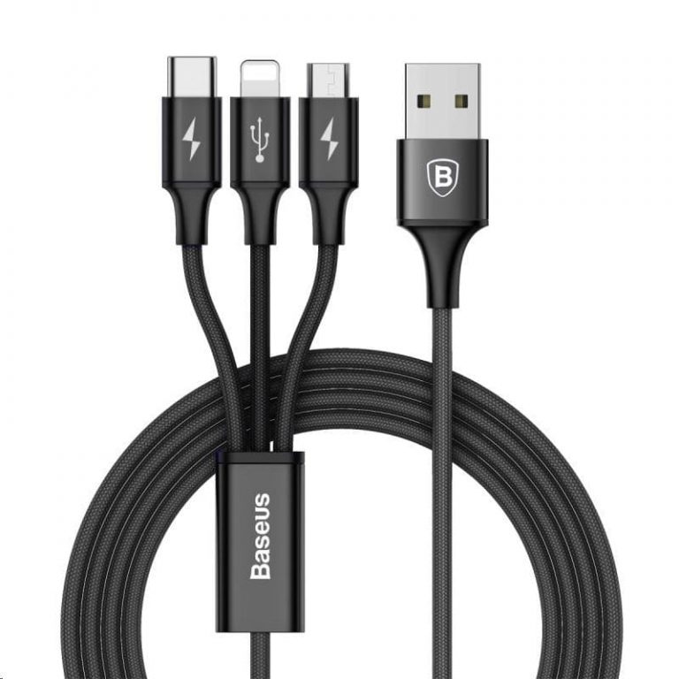 Baseus Rapid Series nabíjecí / datový kabel 3v1 USB (Micro USB + Lightning + USB-C) 3A 1,2m, černý (CAMLT-SU01)