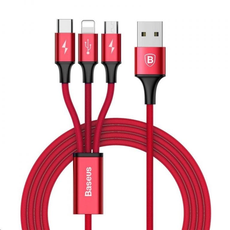 Baseus Rapid Series nabíjecí / datový kabel 3v1 USB (Micro USB + Lightning + USB-C) 3A 1,2m, červený (CAMLT-SU09)