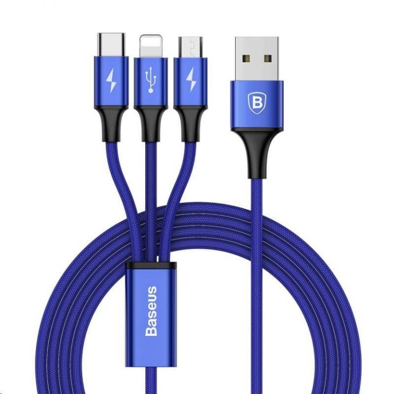 Baseus Rapid Series nabíjecí / datový kabel 3v1 USB (Micro USB + Lightning + USB-C) 3A 1,2m, modrý (CAMLT-SU13)