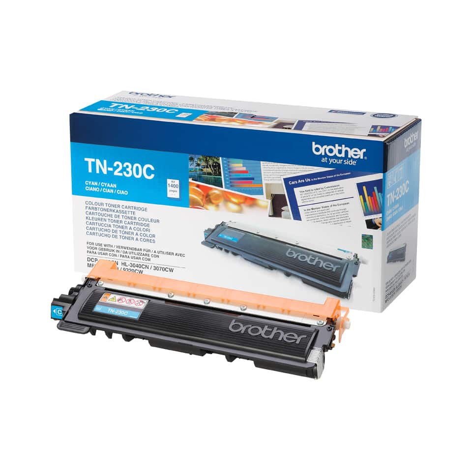 Brother TN-230C, cyan-modrý. Originální toner pro tiskárny Brother HL-3040CN, HL-3070CW, DCP-9010CN, MFC-9120CN, MFC-9320CW. Cyan – modrý, výtěžnost až 1400 stran.