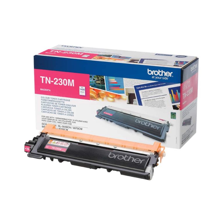 Brother TN-230M, magenta-červený. Originální toner Brother pro tiskárny HL-3040CN, HL-3070CW, DCP-9010CN, MFC-9120CN, MFC-9320CW. Magenta – červený, výtěžnost až 1400 stran.