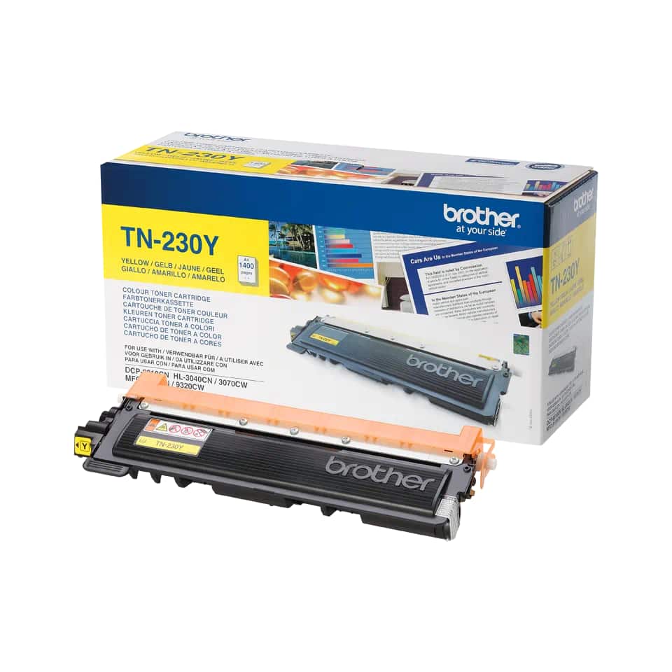 Brother TN-230Y, Yellow - žlutý. Originální toner Brother pro tiskárny HL-3040CN, HL-3070CW, DCP-9010CN, MFC-9120CN, MFC-9320CW. Yellow – žlutý, výtěžnost až 1400 stran.