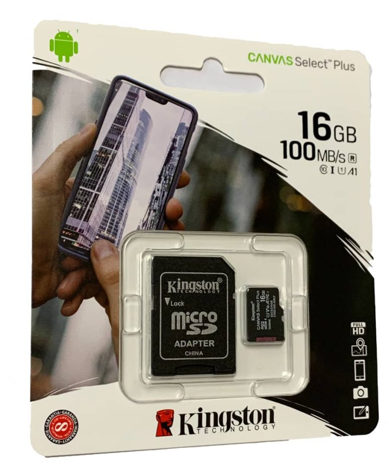 Kingston microSDHC 16GB Canvas Select Plus + Adapter, Paměťová karta microSD, kapacita 16 GB, rychlost čtení 100 MB/s, zápis 10 MB/s, CL 10, A1, UHS-I, SD adaptér