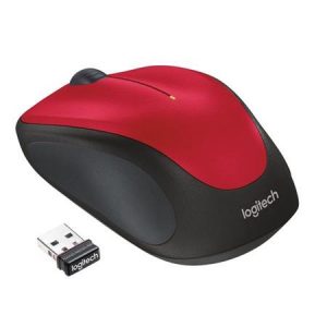Logitech Wireless Mouse M235 černo-červená. Myš bezdrátová, optická, 3 tlačítka (včetně kolečka), USB příjmač/vysílač, 1000DPI, menší velikost, určeno spíše pro notebooky, červeno-černá