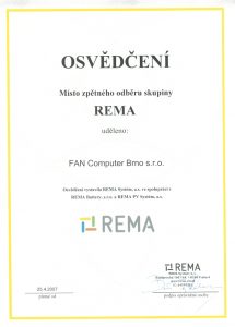 REMA - osvědčení o místě zpětného odběru - recyklace a likvidace