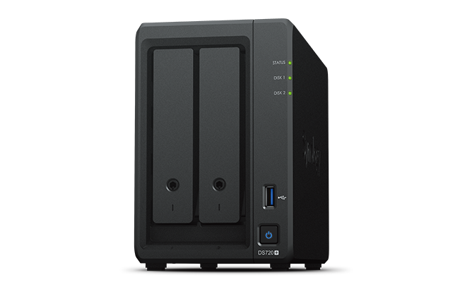 SYNOLOGY DS720+ box pro až 2x SATA HDD, CPU Intel Celeron, 2GB DDR4 paměť, 2x USB, 2x LAN, černý, desktop provedení