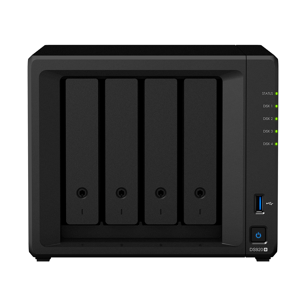 SYNOLOGY DS920+ NAS box pro až 4x disky SATA, CPU Intel Celeron J4125, 2x USB, eSATA, 2x LAN, desktop provedení, dva vestavěné sloty M.2 SSD, spotřeba energie za chodu 32.17 W
