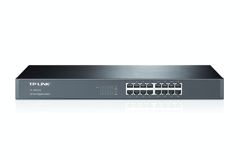 TP-LINK TL-SG1016. 16-portový gigabitový switch, Auto Negotiation/Auto MDI/MDIX, bezvětrákový, spotřeba 10.44W, rozměry 440 x 180 x 44 mm, RACK