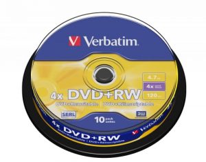 Verbatim DVD+RW 4.7GB, 4x, 10ks CAKE BOX. Přepisovatelné médium DVD+RW, kapacita 4.7 GB, rychlost přepisu až 4x, balení 10 ks CAKE BOX krabička