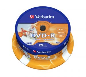 Verbatim DVD-R PRINTABLE 4.7GB, 16x, 25ks CAKE. zapisovací optický disk, kapacita 4.7 GB, rychlost zápisu až 16x, potisknutelný povrch na speciálních tiskárnách, balení 25 kusů v CAKE boxu, spolehlivá archivace.